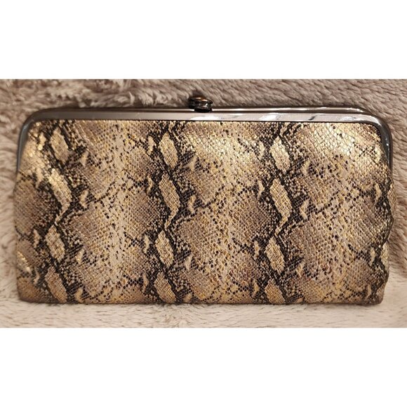 Hobo Lauren Clutch Wallet Snakeskin Print 8.5" x 5" Gold/Black Silver Hardware - Picture 1 of 9